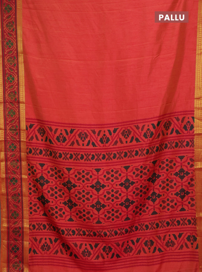 Semi tussar saree dual shade of pinkish orange and maroon with plain body and ikat woven zari border