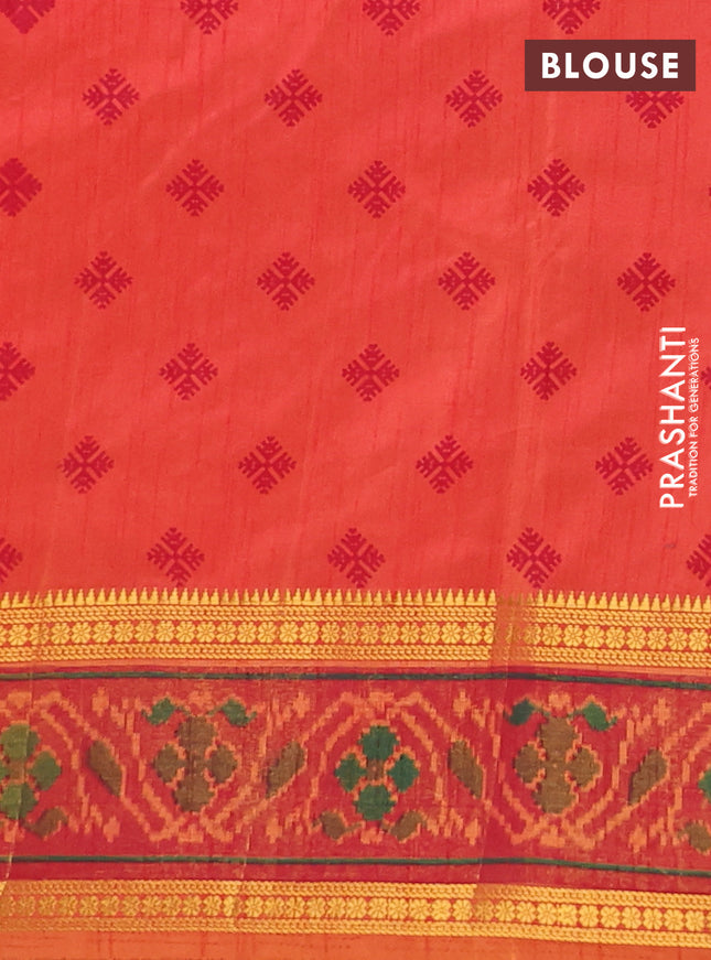 Semi tussar saree dual shade of pinkish orange and maroon with plain body and ikat woven zari border