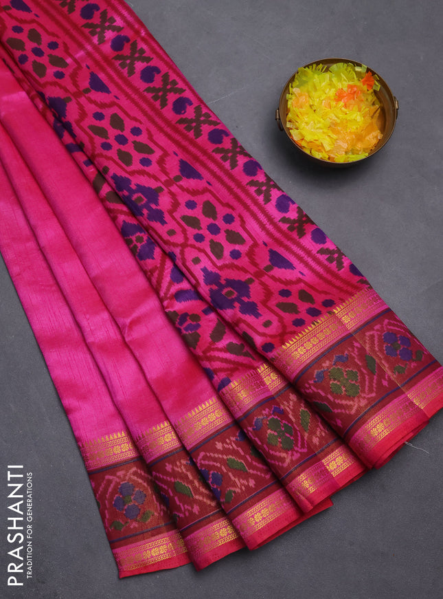 Semi tussar saree pink and maroon with plain body and ikat woven zari border