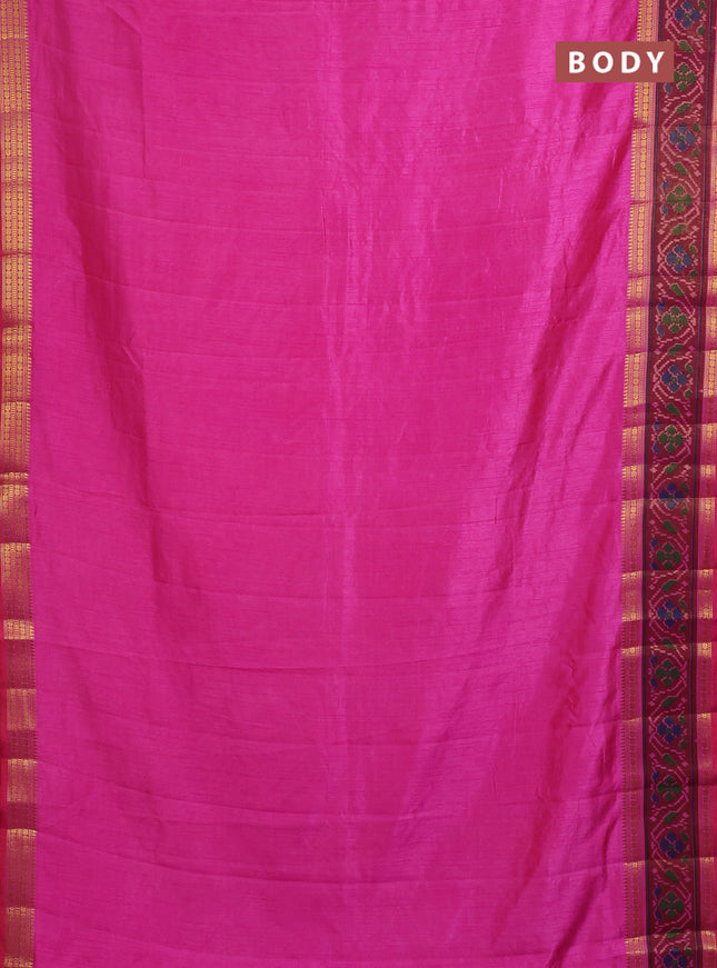 Semi tussar saree pink and maroon with plain body and ikat woven zari border