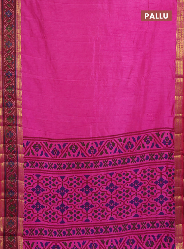 Semi tussar saree pink and maroon with plain body and ikat woven zari border
