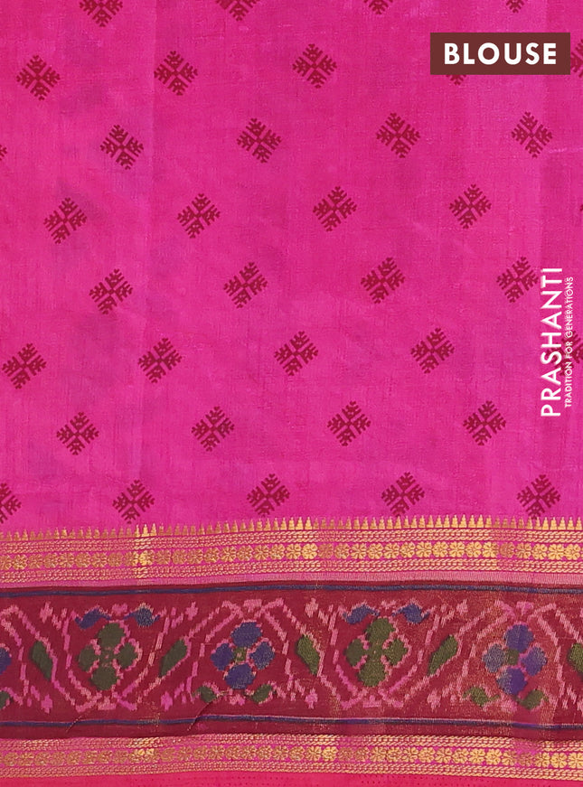 Semi tussar saree pink and maroon with plain body and ikat woven zari border
