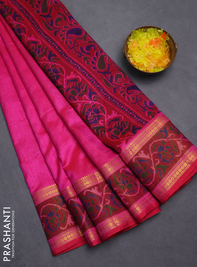 Semi tussar saree pink and maroon with plain body and ikat woven zari border