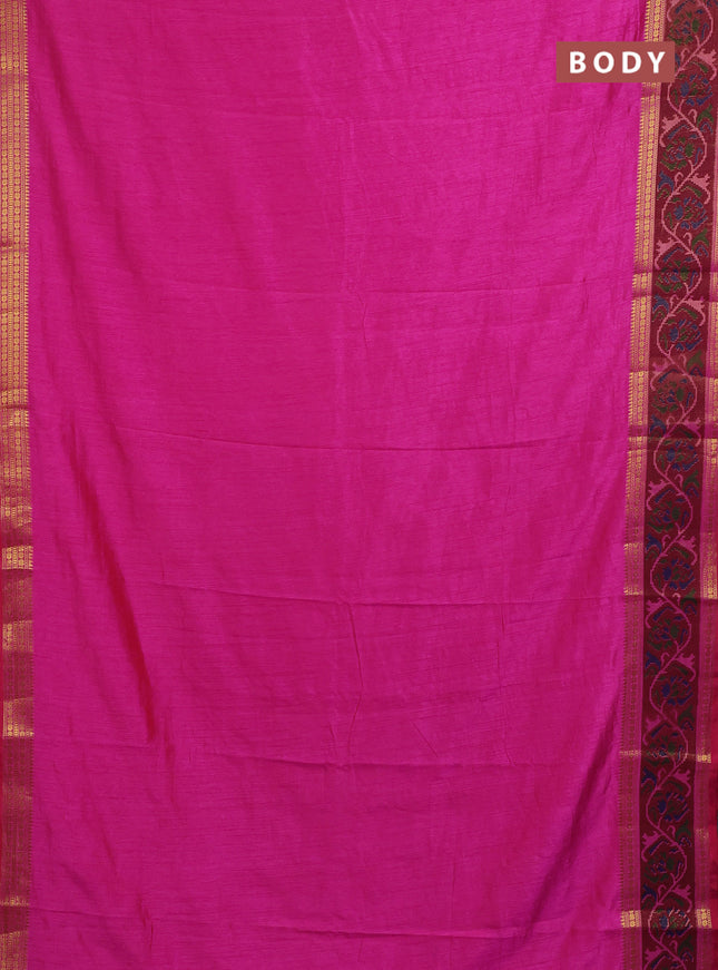 Semi tussar saree pink and maroon with plain body and ikat woven zari border