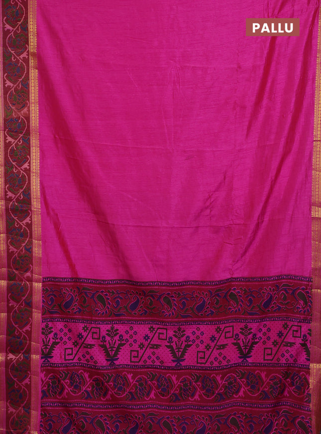 Semi tussar saree pink and maroon with plain body and ikat woven zari border