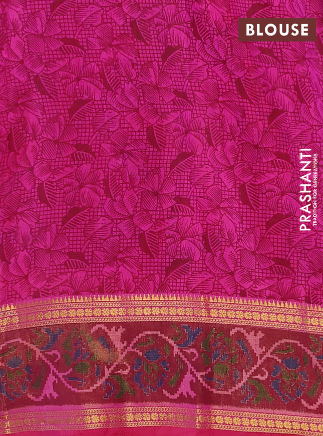 Semi tussar saree pink and maroon with plain body and ikat woven zari border