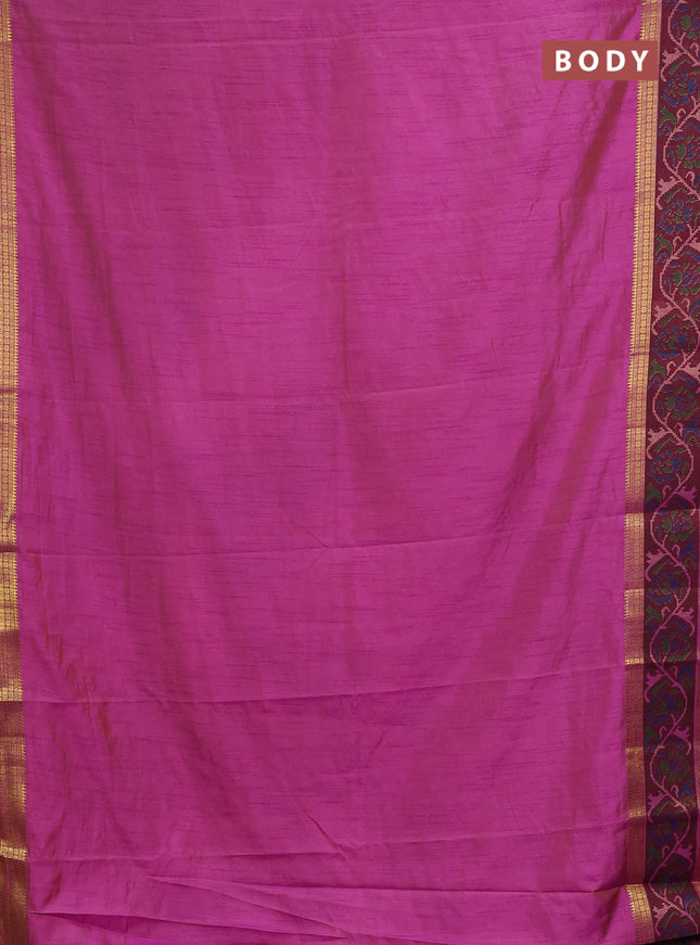Semi tussar saree dual shade of purple and maroon with plain body and ikat woven zari border