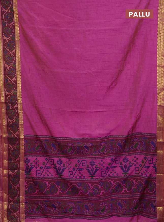 Semi tussar saree dual shade of purple and maroon with plain body and ikat woven zari border