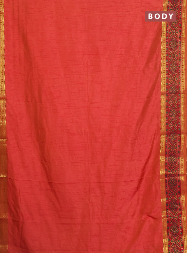 Semi tussar saree dual shade of pinkish orange and maroon with plain body and ikat woven zari border