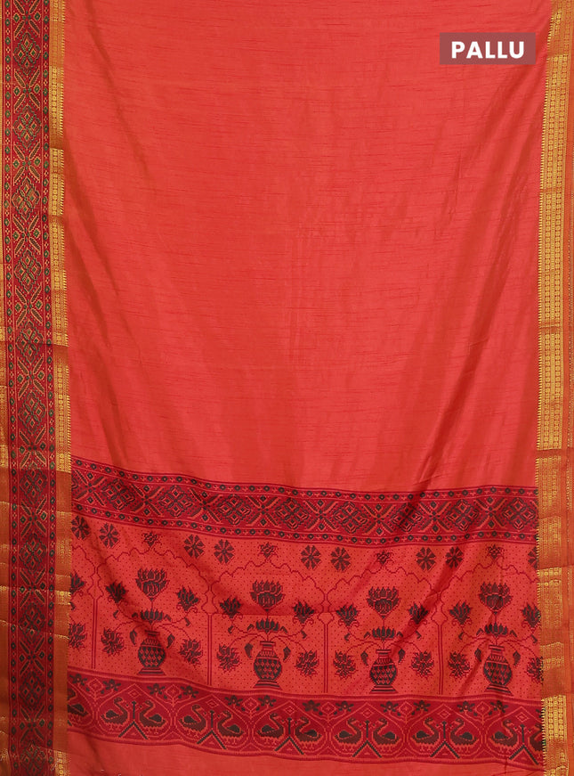 Semi tussar saree dual shade of pinkish orange and maroon with plain body and ikat woven zari border