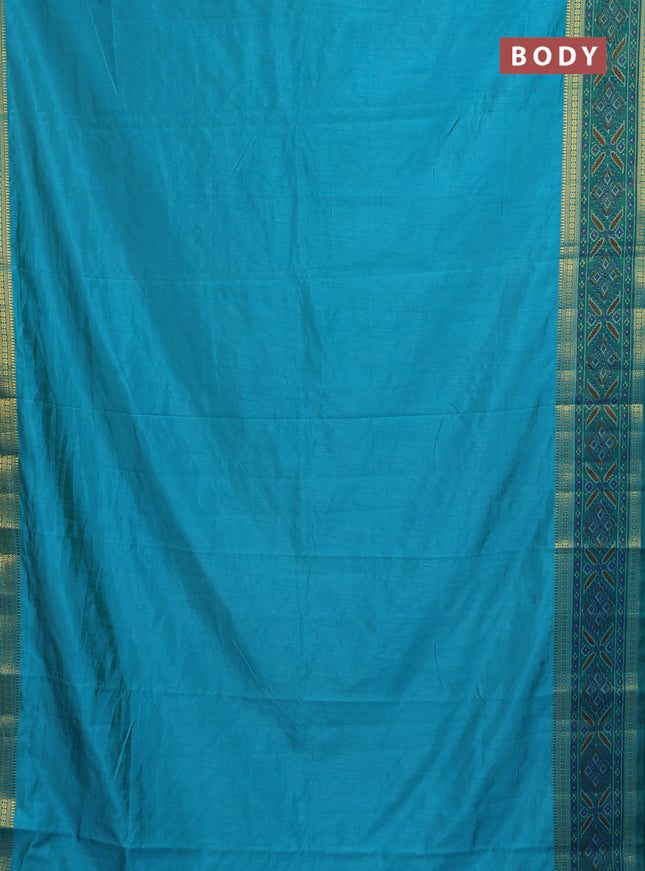 Semi tussar saree teal blue and green with plain body and ikat woven zari border