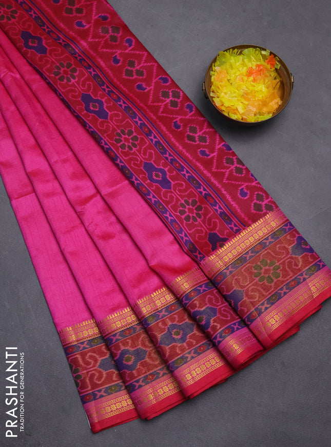 Semi tussar saree pink and maroon with plain body and ikat woven zari border