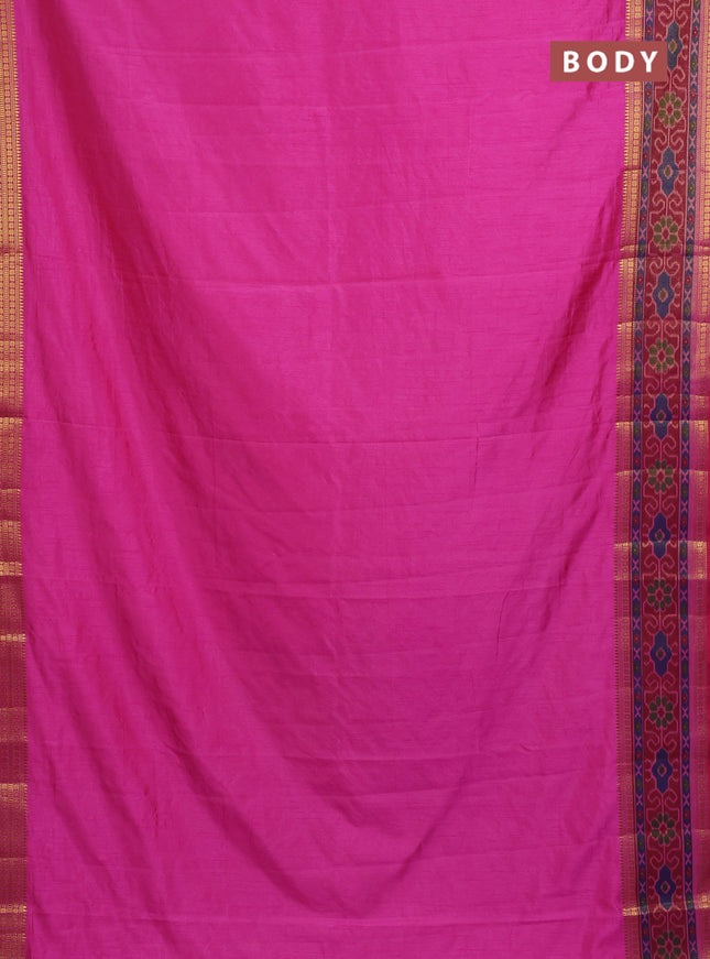 Semi tussar saree pink and maroon with plain body and ikat woven zari border