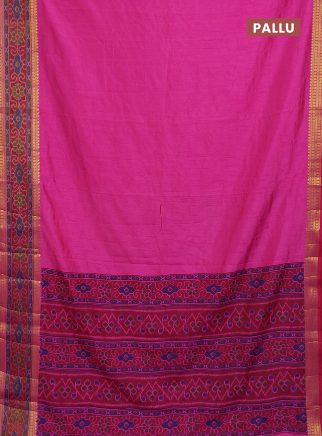 Semi tussar saree pink and maroon with plain body and ikat woven zari border