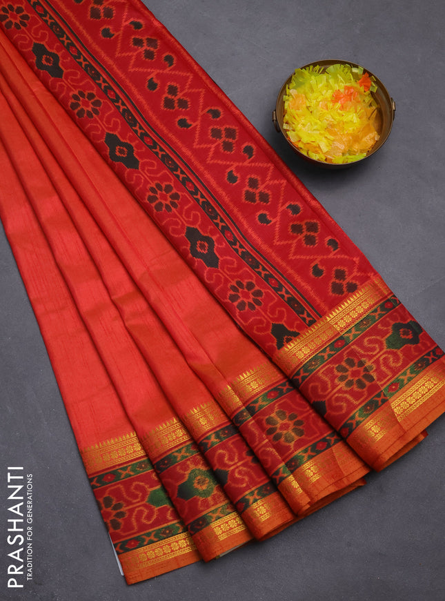 Semi tussar saree dual shade of pinkish orange and maroon with plain body and ikat woven zari border