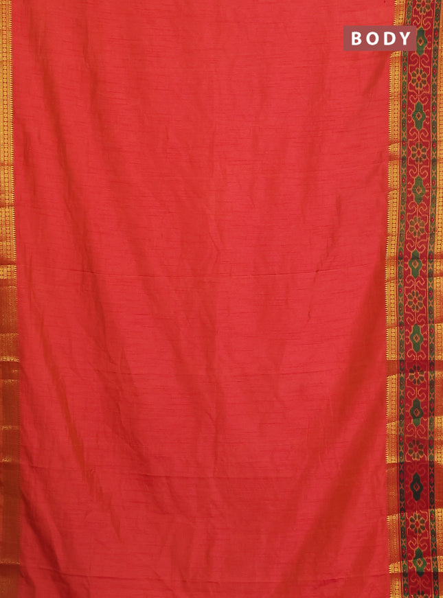 Semi tussar saree dual shade of pinkish orange and maroon with plain body and ikat woven zari border