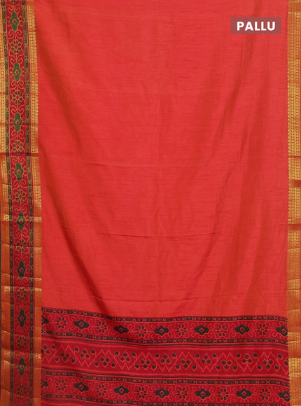 Semi tussar saree dual shade of pinkish orange and maroon with plain body and ikat woven zari border