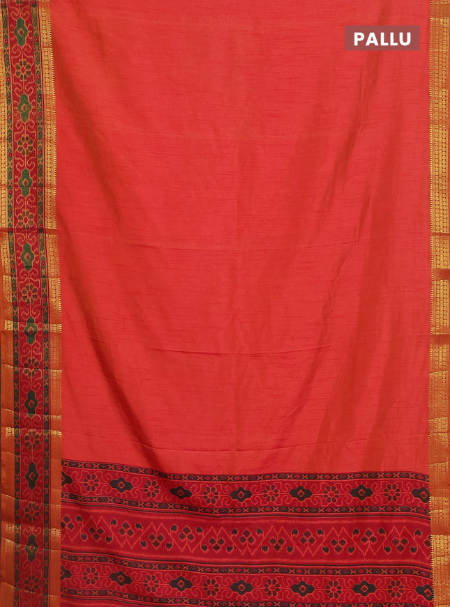 Semi tussar saree dual shade of pinkish orange and maroon with plain body and ikat woven zari border