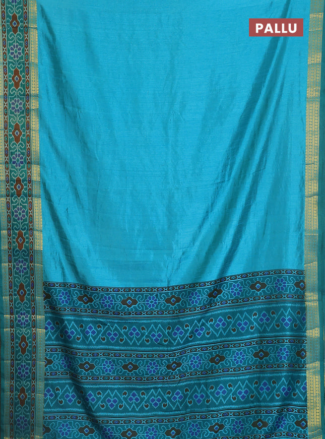 Semi tussar saree dual shade of teal blue and green with plain body and ikat woven zari border
