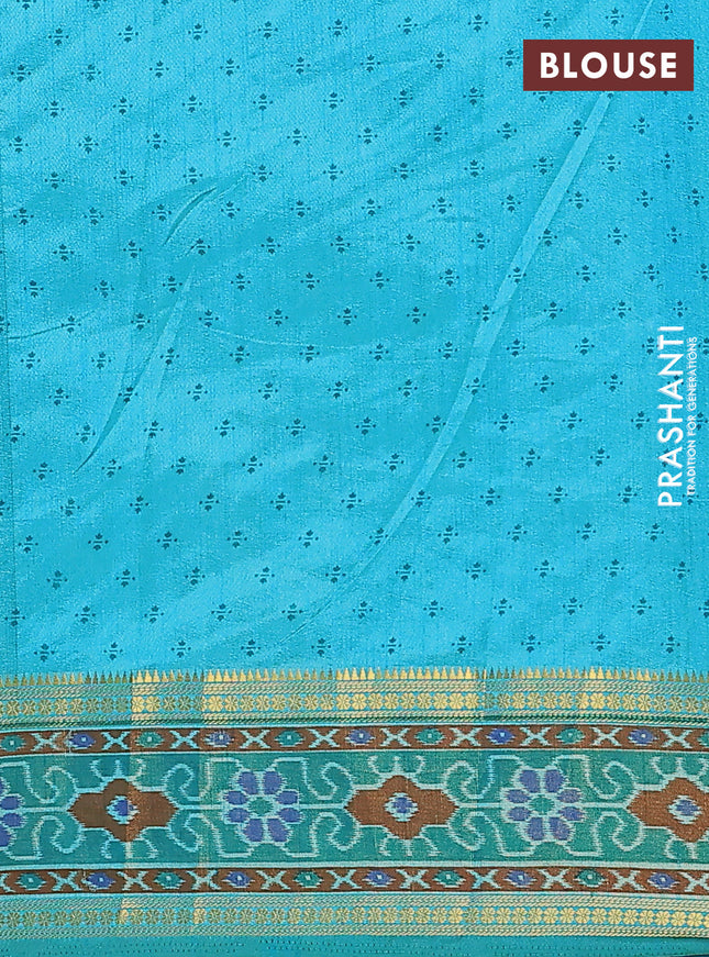 Semi tussar saree dual shade of teal blue and green with plain body and ikat woven zari border