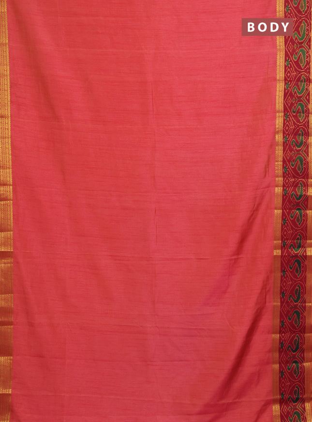Semi tussar saree dual shade of pinkish orange and maroon with plain body and ikat woven zari border