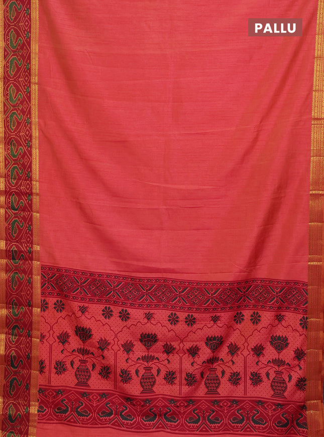 Semi tussar saree dual shade of pinkish orange and maroon with plain body and ikat woven zari border