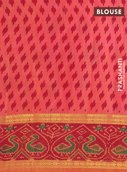 Semi tussar saree dual shade of pinkish orange and maroon with plain body and ikat woven zari border