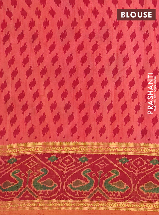 Semi tussar saree dual shade of pinkish orange and maroon with plain body and ikat woven zari border