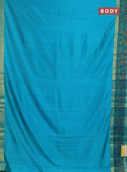 Semi tussar saree dual shade of teal blue and green with plain body and ikat woven zari border