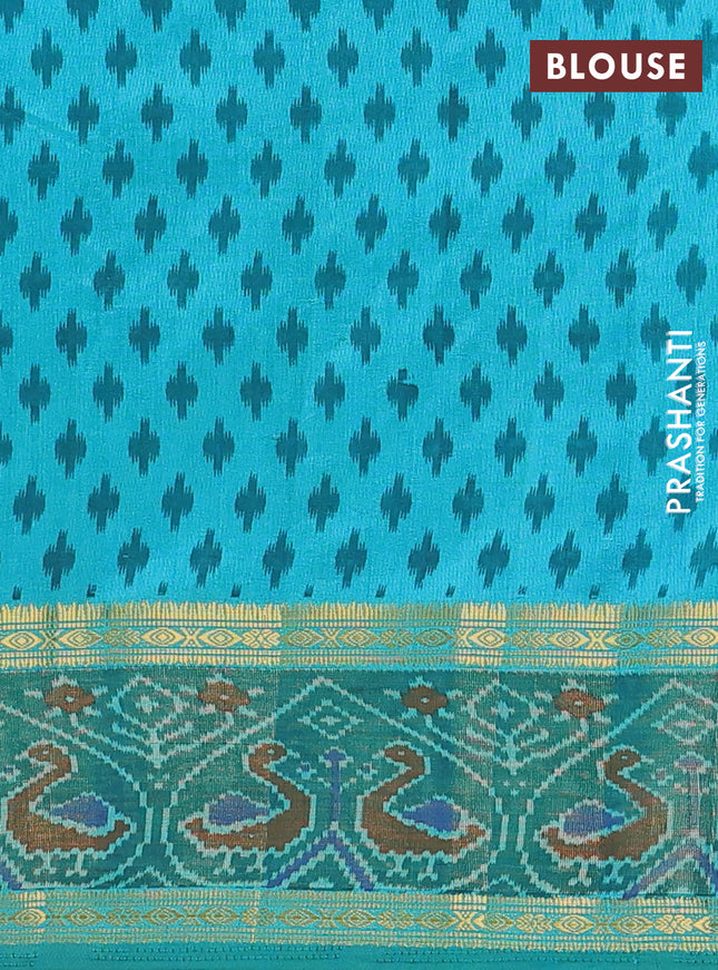 Semi tussar saree dual shade of teal blue and green with plain body and ikat woven zari border