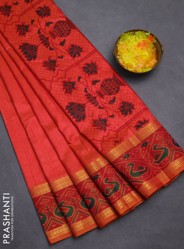 Semi tussar saree dual shade of pinkish orange and maroon with plain body and ikat woven zari border