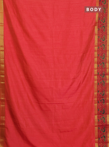 Semi tussar saree dual shade of pinkish orange and maroon with plain body and ikat woven zari border