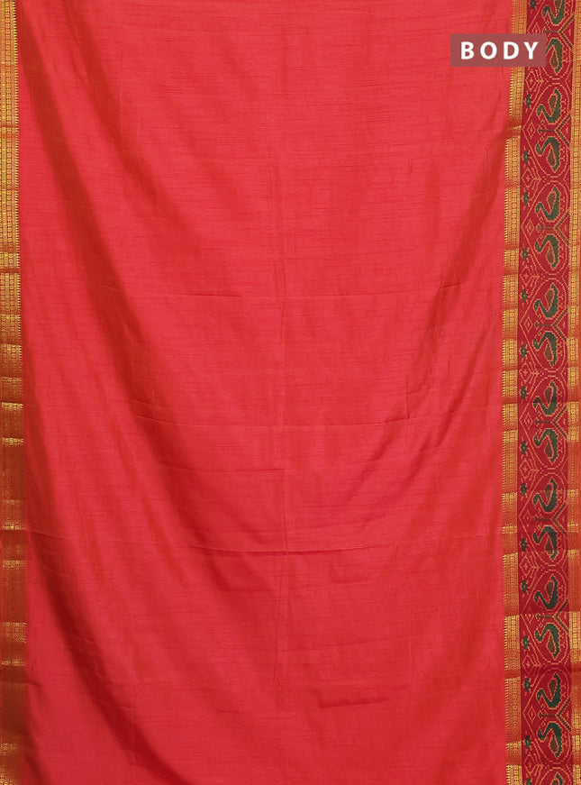 Semi tussar saree dual shade of pinkish orange and maroon with plain body and ikat woven zari border