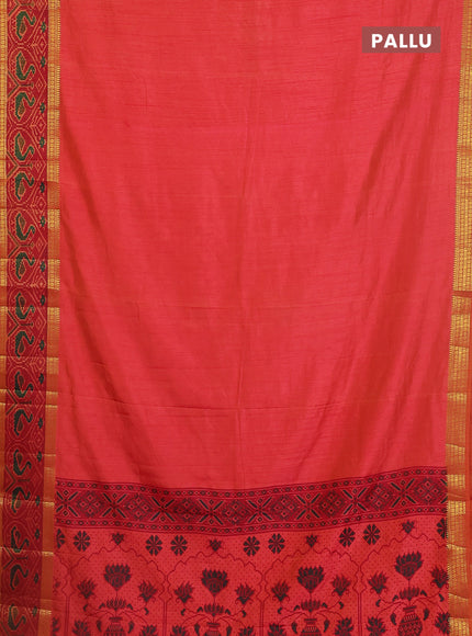 Semi tussar saree dual shade of pinkish orange and maroon with plain body and ikat woven zari border