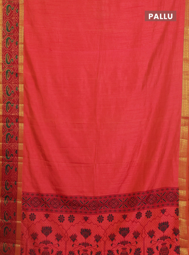 Semi tussar saree dual shade of pinkish orange and maroon with plain body and ikat woven zari border