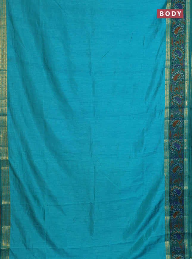 Semi tussar saree dual shade of teal blue and green with plain body and ikat woven zari border