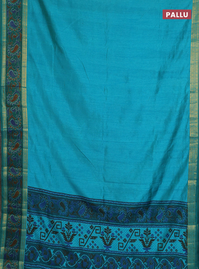 Semi tussar saree dual shade of teal blue and green with plain body and ikat woven zari border
