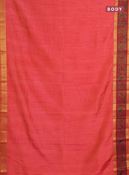Semi tussar saree dual shade of pinkish orange and maroon with plain body and ikat woven zari border