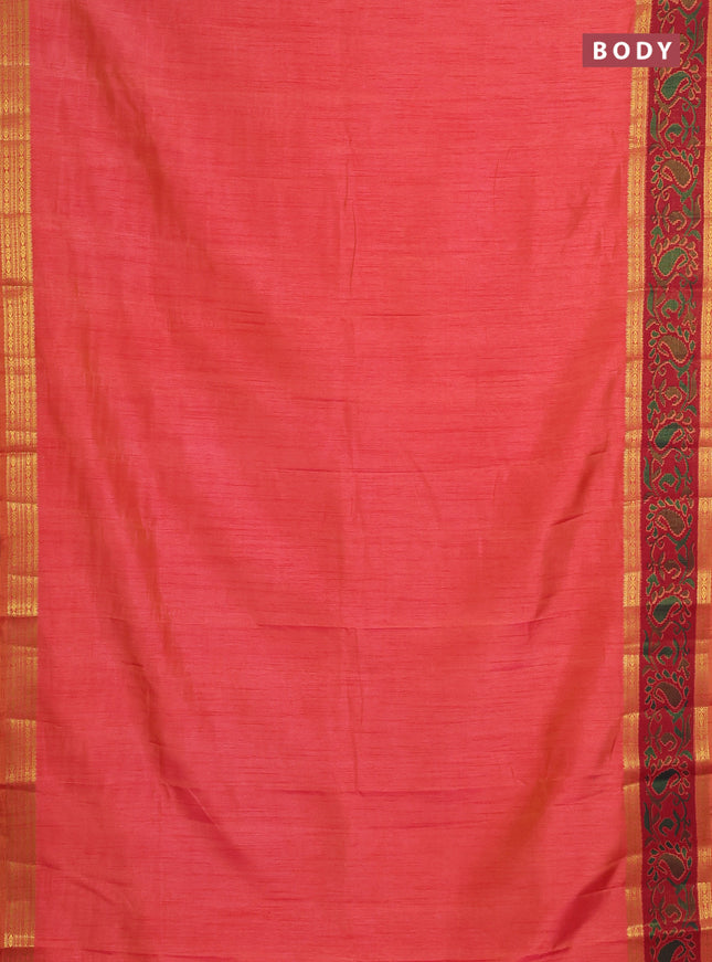 Semi tussar saree dual shade of pinkish orange and maroon with plain body and ikat woven zari border