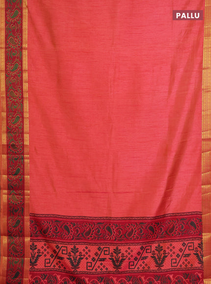 Semi tussar saree dual shade of pinkish orange and maroon with plain body and ikat woven zari border