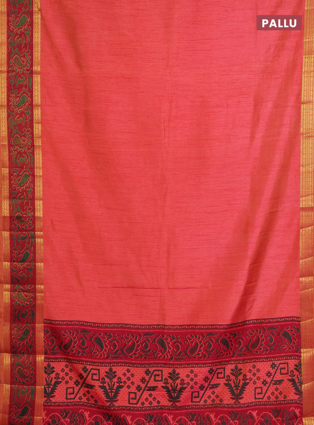 Semi tussar saree dual shade of pinkish orange and maroon with plain body and ikat woven zari border