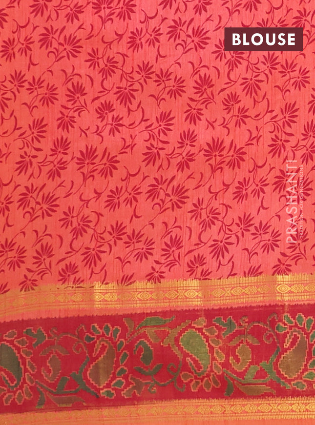 Semi tussar saree dual shade of pinkish orange and maroon with plain body and ikat woven zari border
