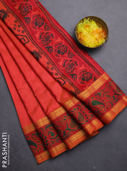 Semi tussar saree dual shade of pinkish orange and maroon with plain body and ikat woven zari border