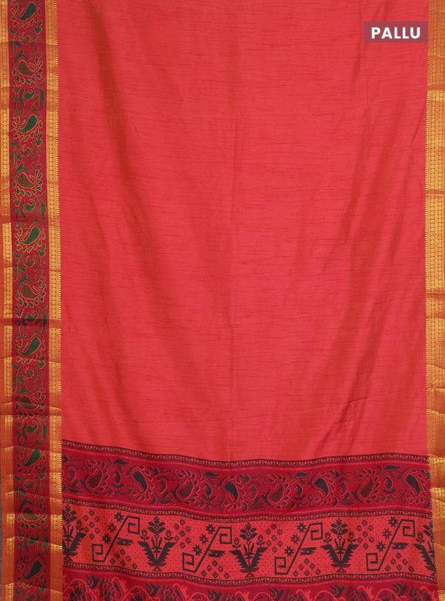 Semi tussar saree dual shade of pinkish orange and maroon with plain body and ikat woven zari border