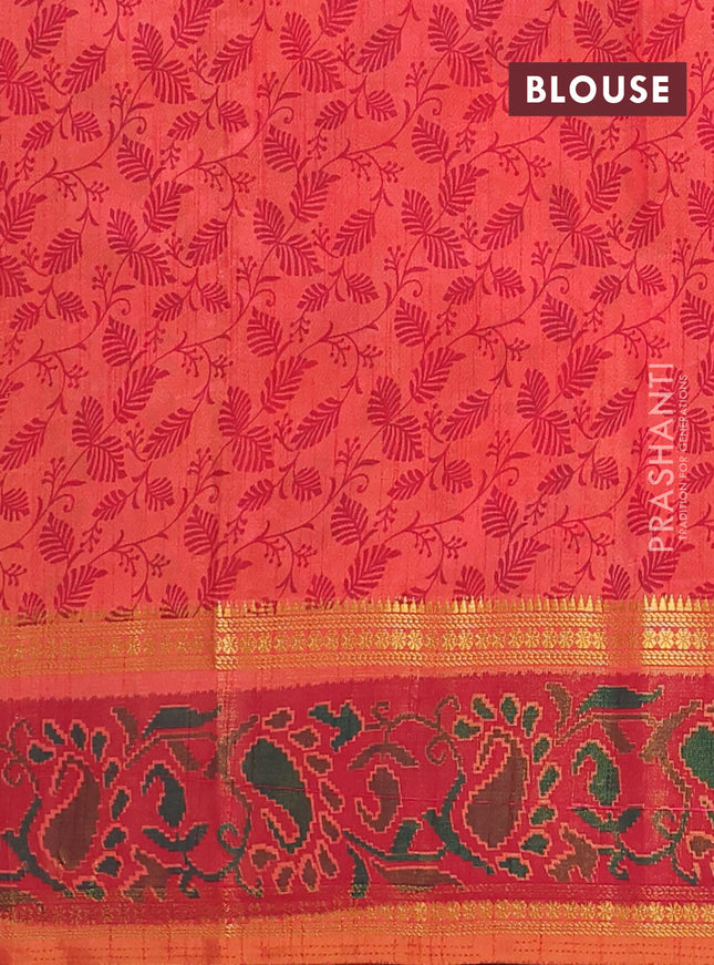 Semi tussar saree dual shade of pinkish orange and maroon with plain body and ikat woven zari border