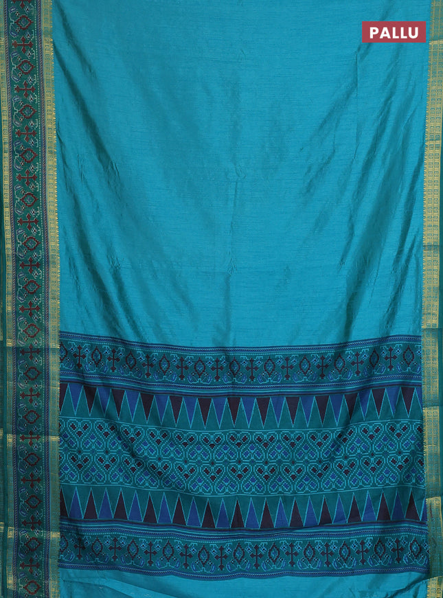 Semi tussar saree dual shade of teal blue and green with plain body and ikat woven zari border