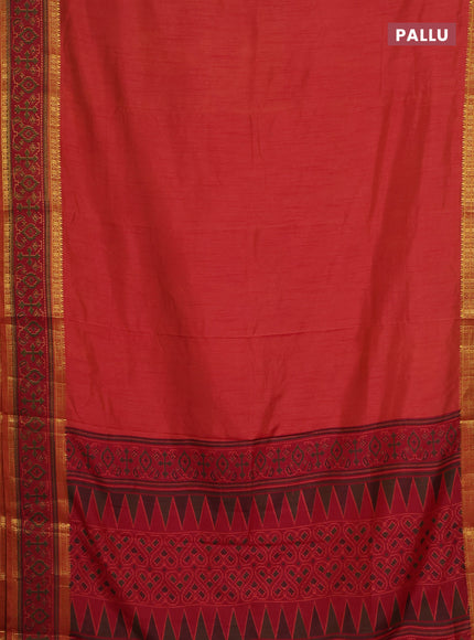 Semi tussar saree dual shade of pinkish orange and maroon with plain body and ikat woven zari border