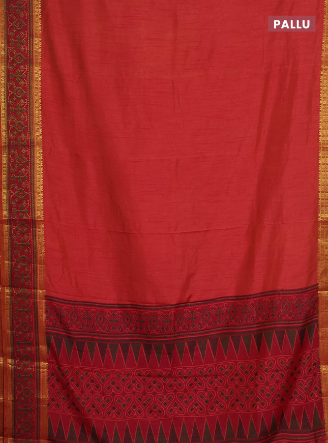 Semi tussar saree dual shade of pinkish orange and maroon with plain body and ikat woven zari border