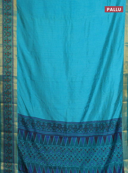 Semi tussar saree dual shade of teal blue and green with plain body and ikat woven zari border
