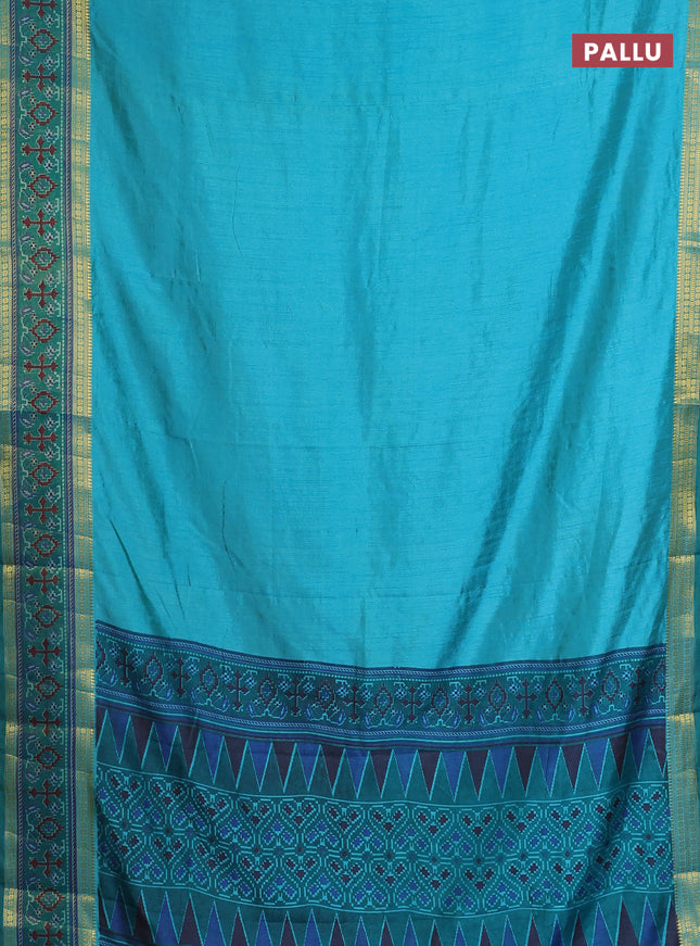 Semi tussar saree dual shade of teal blue and green with plain body and ikat woven zari border